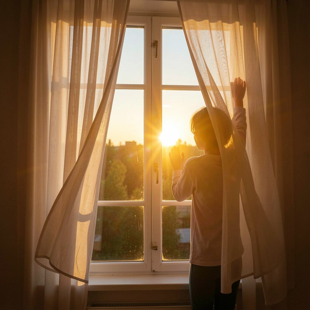 Energinen aamun aloitus auringonnousun aikaan, henkilö venyttelee ikkunan äärellä kun aurinko nousee